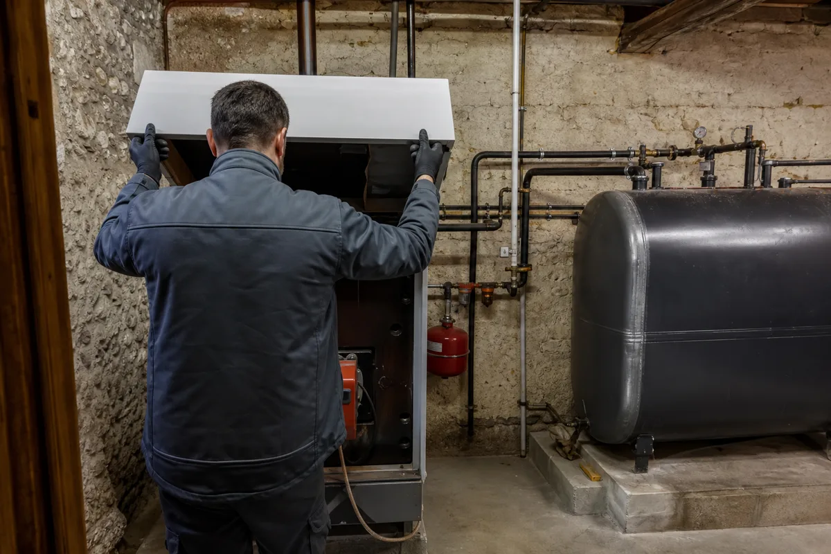Technicien chauffagiste entretenant une chaudière au fioul dans une maison rurale du sud de l&rsquo;Aisne