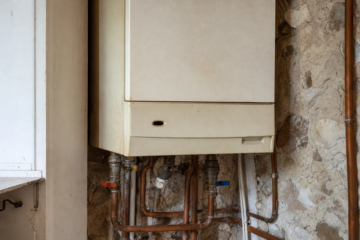 Vieille chaudière gaz murale dans le cellier d’un pavillon des Yvelines