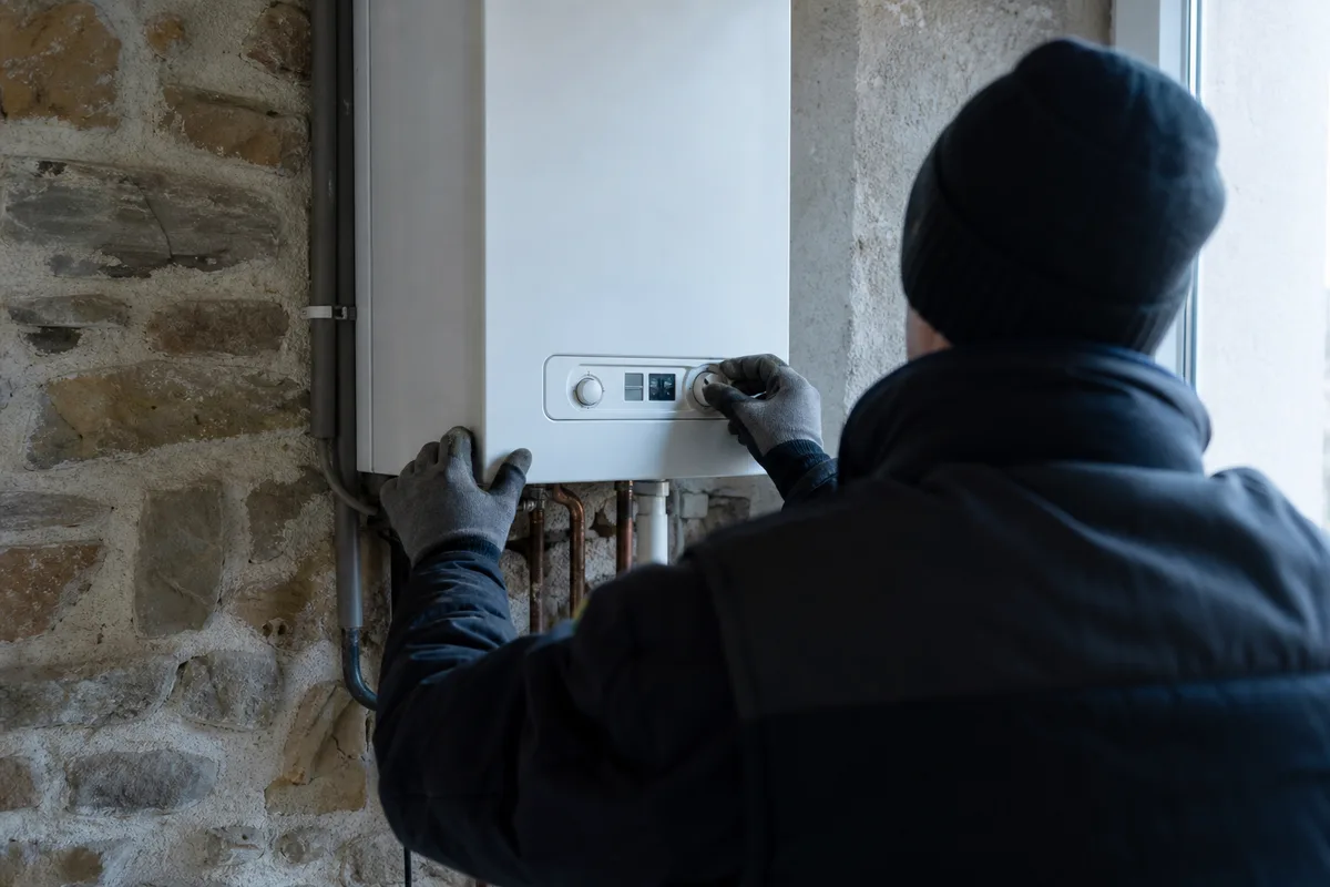 Technicien chauffagiste réglant une chaudière dans une maison de pierre de l’Auxois