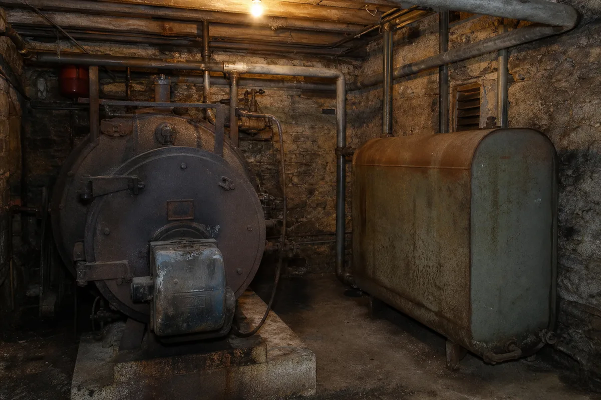 Ancienne chaudière fioul surdimensionnée dans la cave d&rsquo;une ferme du plateau de Langres