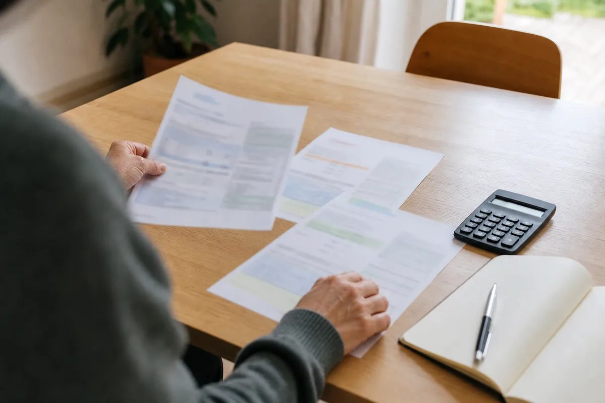 Devis de chauffage, calculette et carnet posés sur une table pour comparer les prix