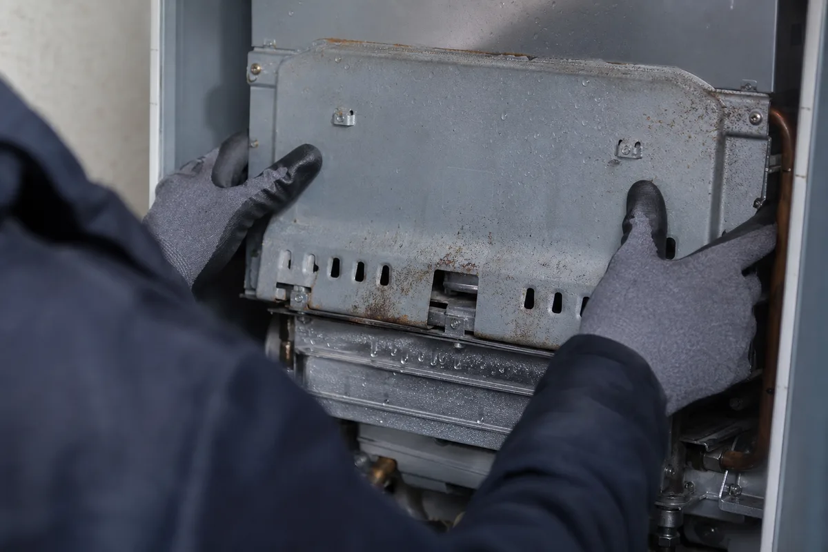 Chaudière gaz exposée à l’air salin avec traces de condensation sur son habillage
