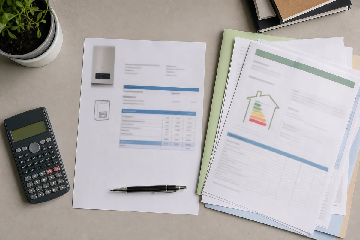 Plan de travail avec un devis de chaudière, une calculette et des documents d’aides financières, lumière neutre de bureau