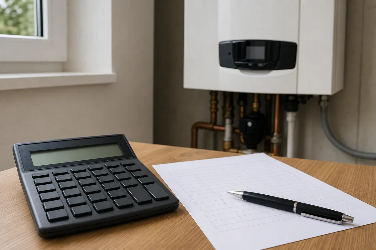 Calculette et grille de prix d’entretien posées près d’une chaudière à condensation