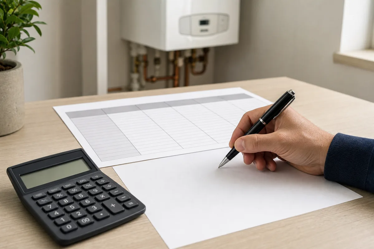 Devis de remplacement de chaudière avec calculette et grille de prix posés sur une table
