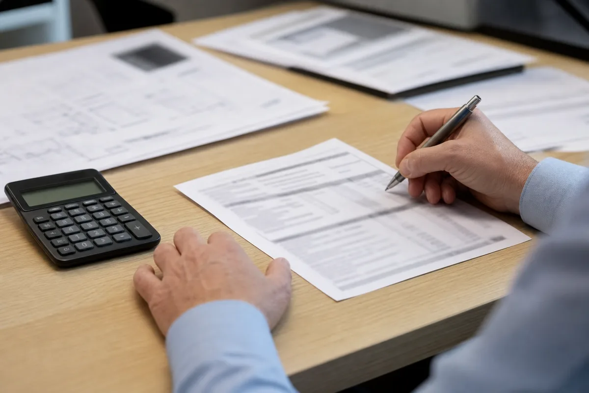 Table de travail avec une calculette, des documents de chiffrage et un devis de chauffage annoté
