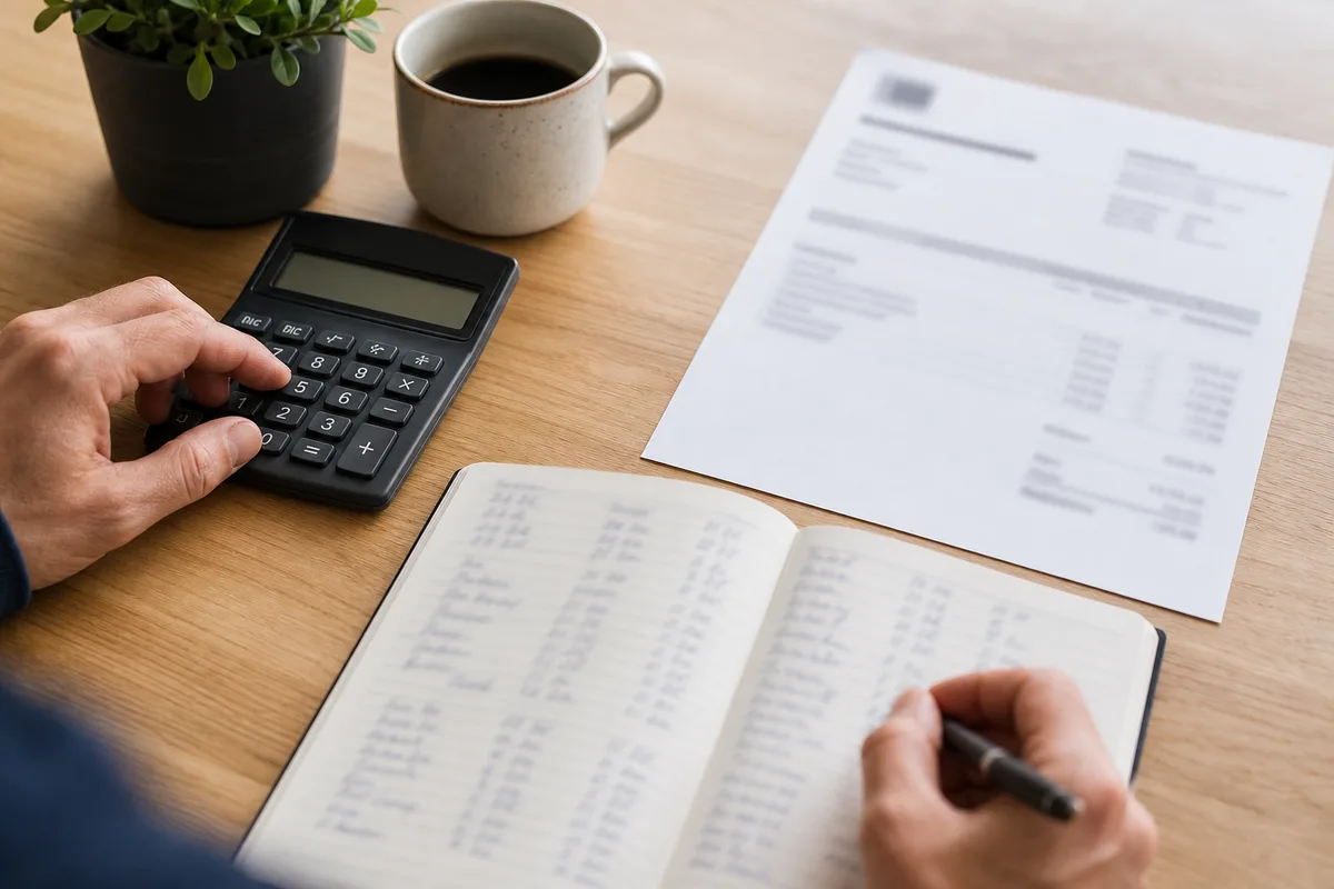 Grille de tarifs, calculette et devis de chauffage étalés sur un plan de travail